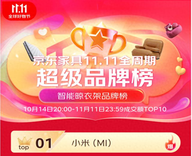 三 米家智能晾衣机双11京东成交额TOP1K8凯发天生赢家6大单品上榜 包揽金榜前(图3)